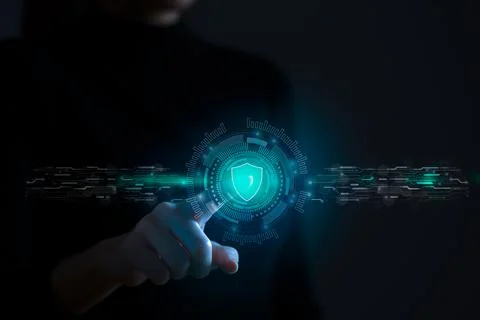 Admin hand touch protective shield on the virtual screen. Concept of internet Stock Photos