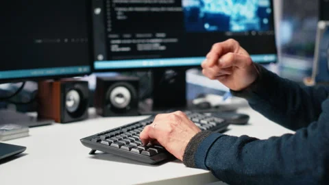 Admin in high tech data center coding with machine learning generative AI Stock Footage 313566660