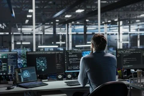 Admin in high tech data center troubleshoots server connectivity issues using AI Stock Photos