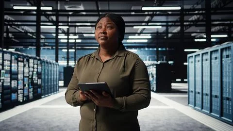 Admin in high tech data center using tablet to deploy new server architecture Stock Photos