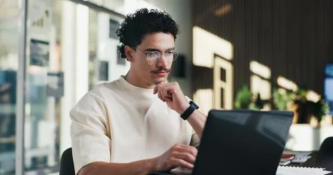 Admin, idea and man in office with laptop, public relations and career grow.. 스톡 사진