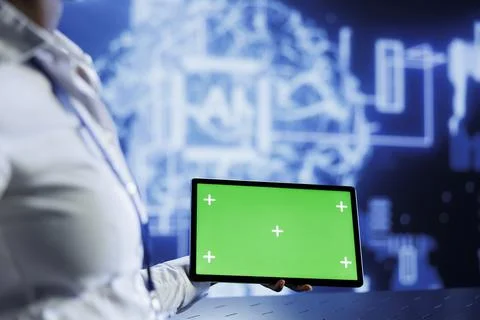 Admin oversees AI with mockup tablet Stock Photos