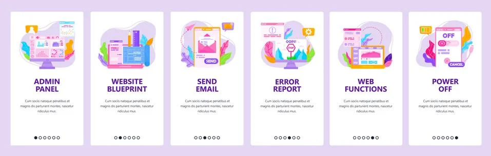 Admin panel, error report, web functions, send email. Mobile app screens, vector Illustrazione stock