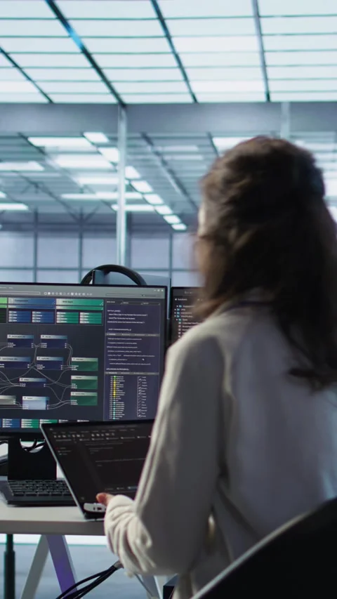 Admin running code on laptop to upgrade artificial intelligence rigs Stock Footage 319574891