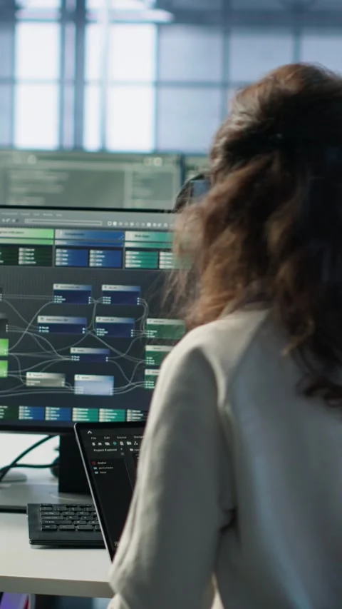 Admin running code on laptop to upgrade artificial intelligence rigs Stock Footage 319575182