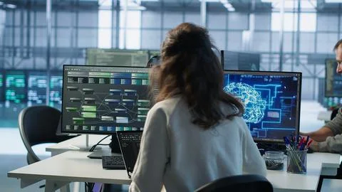 Admin running code on laptop to upgrade artificial intelligence rigs Stock Photos