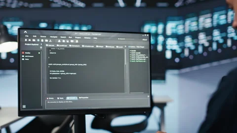 Admin running coding script on computer screen in high tech data center, Video stock 274548533