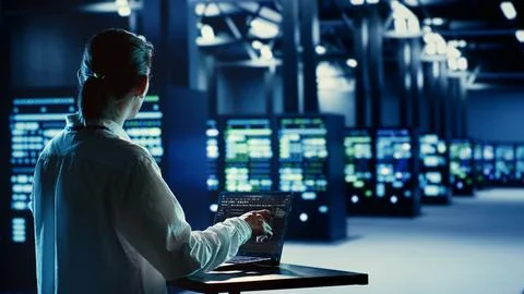 Admin runs code in server farm Stockfoto's