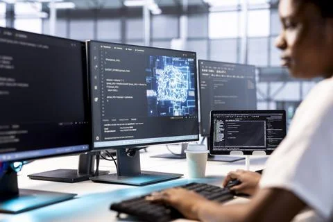 Admin in server farm using artificial intelligence technology 写真素材