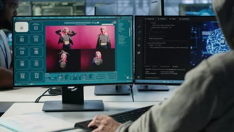 Admin in server hub coding AI program turning text prompt into photos Stock Photos
