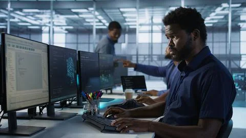 Admin in server hub office using artificial intelligence machine learning tech Foto stock