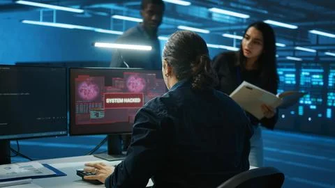 Admin in server hub panicked by valuable data threatened by hacking attack Stock Photos