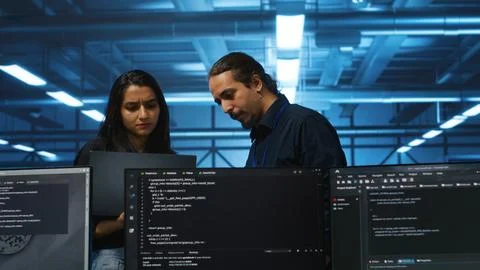 Admin in server hub using laptop to present manager plan of repairing equipment Stock Photos