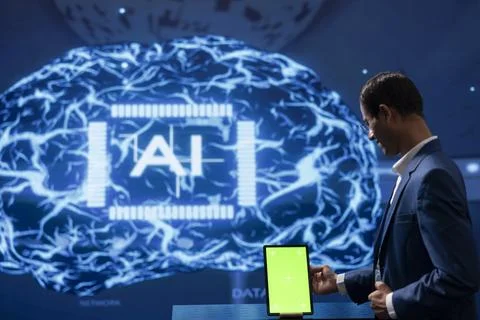 Admin in startup doing advancements in AI field using mockup notebook Stock Photos
