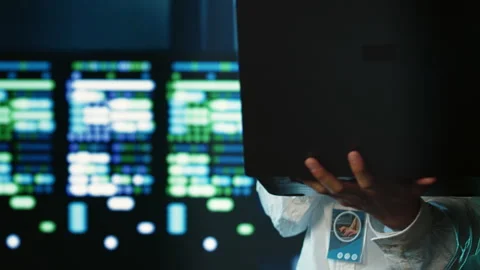 Admin strolling through data center Stock Footage 249564763