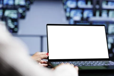Admin uses mock up laptop in server hub Foto stock