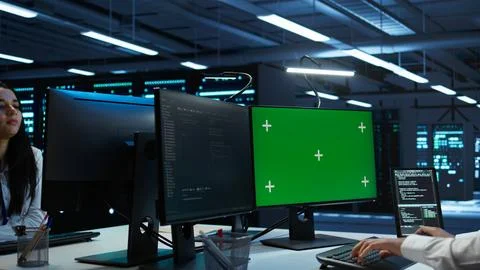 Admin uses mockup notebook in server hub Foto stock