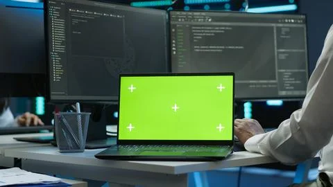 Admin uses mockup notebook in server hub Foto stock