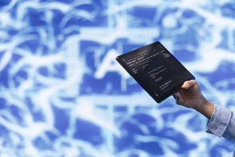 Admin uses tablet and AI deep neural networks to solve tasks Foto stock