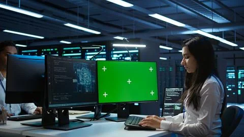 Admin using AI tech on isolated screen PC to do maintenance in server room Foto stock