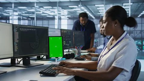 Admin using isolated screen tablet, working in server farm Stock Photos