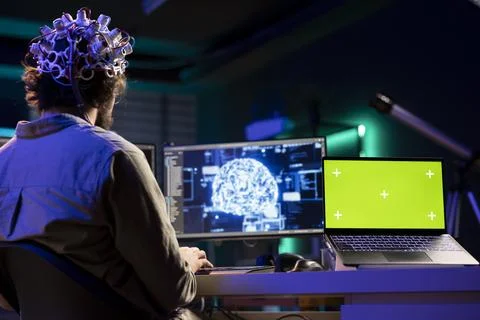 Admin using neuroscience and chroma key notebook to gain digital soul Stock-Fotos