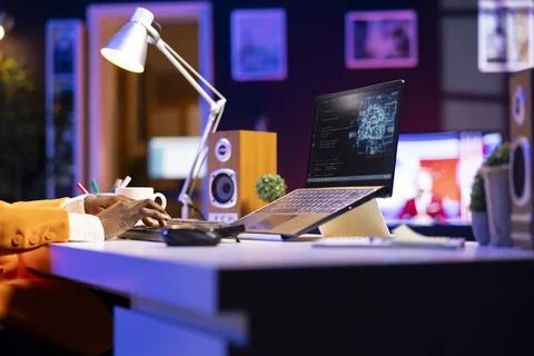 Admin using notebook in home office for artificial intelligence computing 스톡 사진