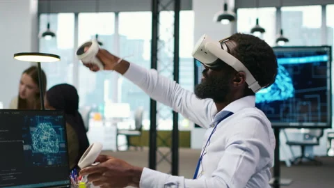 Admin using virtual reality tech, automating repetitive tasks with AI Stock Footage 313165636