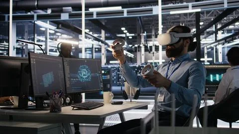 Admin using VR headset in data center to update server tech Foto stock