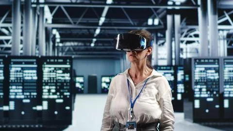 Admin with vr headset in data center Foto stock
