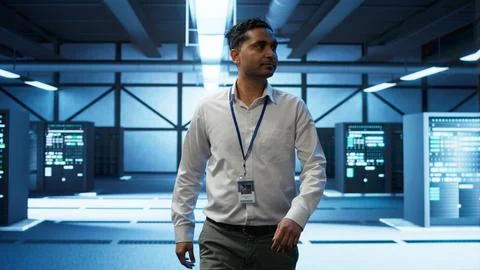 Admin walking amidst server rows, looking to ensure optimal performance Stock Photos