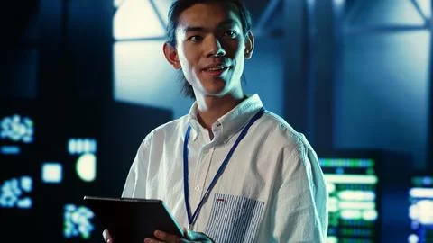 Admin walks through data center units Stock-Fotos