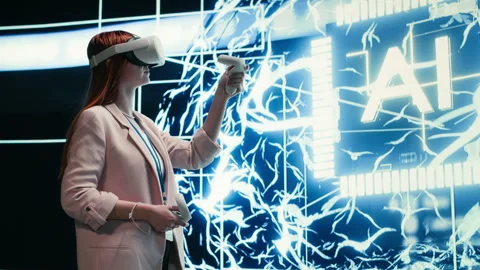 Admin wearing VR headset gear reports to AI brain displayed on digital dashboard Stock Footage 330376444