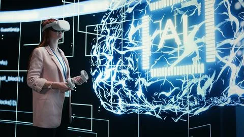 Admin wearing VR headset gear reports to AI brain displayed on digital dashboard Stock Photos