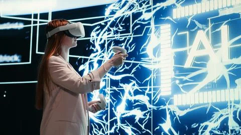 Admin wearing VR headset gear reports to AI brain displayed on digital dashboard Stock Photos