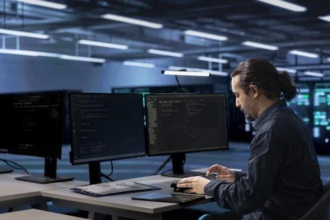 Admin working on computer to check for signs of imminent failure in data center Stock Photos