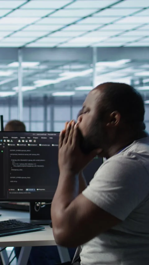 Admin working in data center suffering from cold, sneezing Stock Footage 319534896