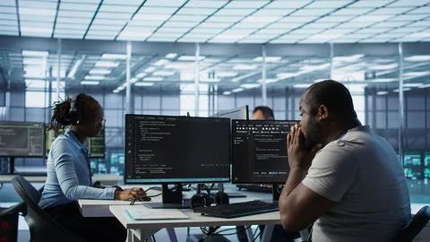 Admin working in data center suffering from cold, sneezing Stock Photos