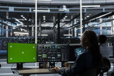 Admin working on green screen desktop PC in data center Foto stock