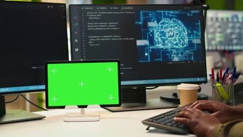 Admin writing code on isolated screen tablet, developing machine learning APIs Stock Footage 313164364