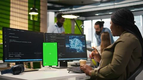 Admin writing code on isolated screen tablet, developing machine learning APIs Stock Photos