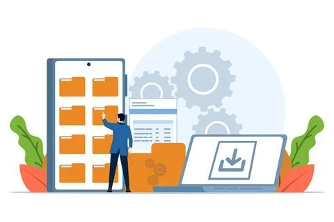 Administrative concept of file management, data archiving, folder, gallery. Illustrazione stock