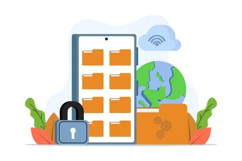Administrative concept of file management, data archiving, folder, gallery. Illustrazione stock