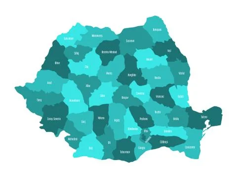 Administrative counties of Romania. Vector map in four shades of turquoise blue Stock Illustration