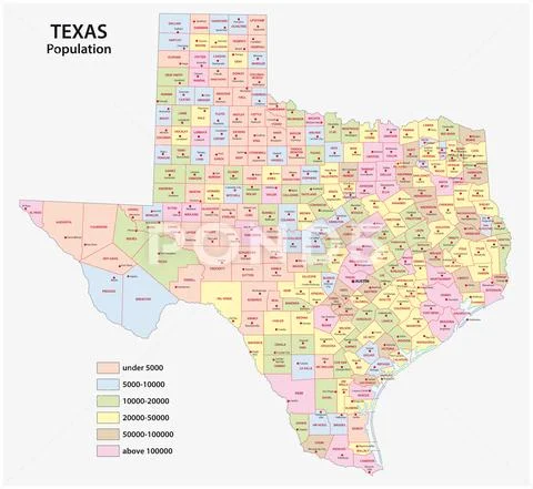 Administrative county map of the federal state of texas by population density Stock Illustration