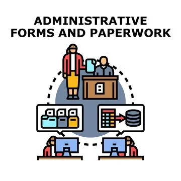 Administrative forms, paperwork, and digital processing activities Stock Illustration