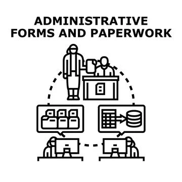 Administrative forms, paperwork, and digital processing activities Stock Illustration