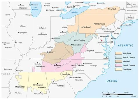 Administrative map of the Appalachia region in the eastern United States Stock Illustration