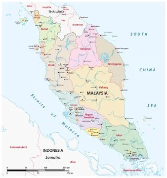 Administrative structure vector map of the Malay Peninsula, Malaysia Stock Illustration