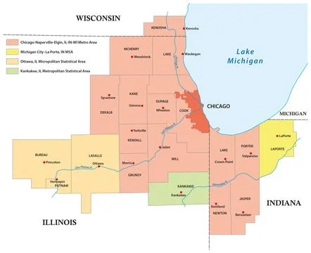 Administrative vector map of the Chicago metropolitan area Stock Illustration